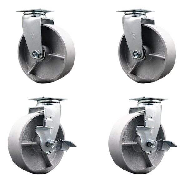 6'' Semi Steel Cast Iron Swivel Caster Set with Bronze Bearings 2 Brakes, 4PK